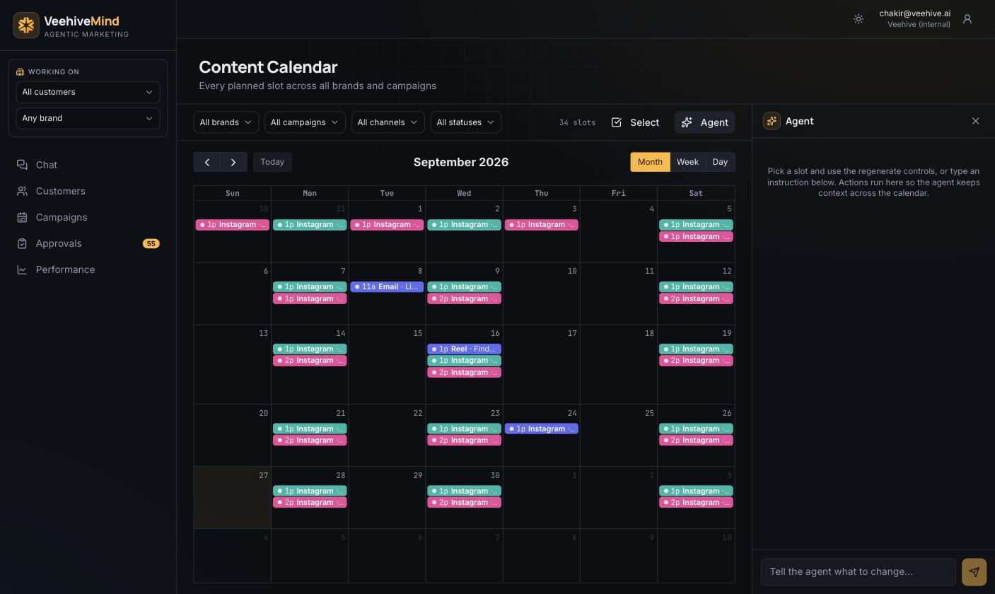 HiveMind content calendar for September with every brand's posts, and the agent panel open beside it