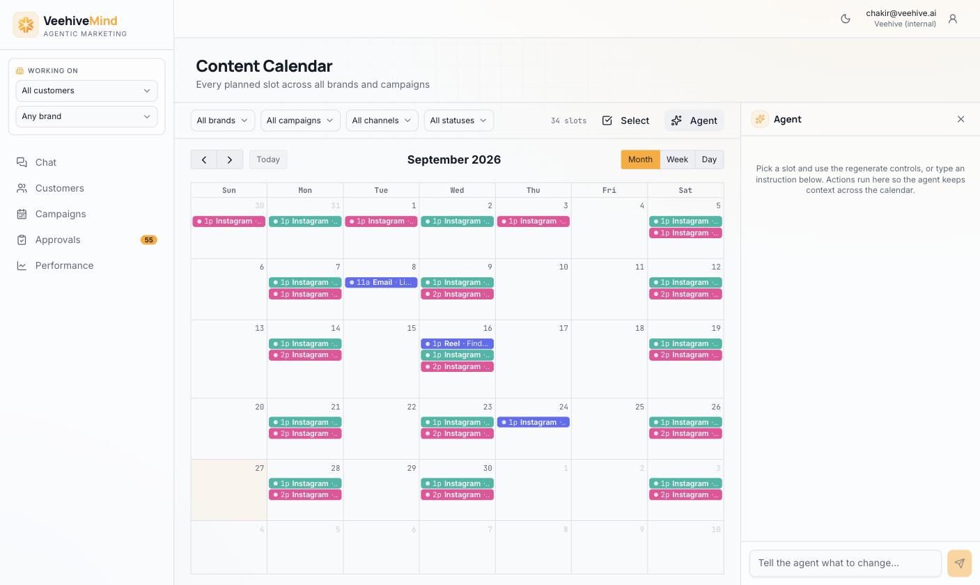 HiveMind content calendar for September with every brand's posts, and the agent panel open beside it