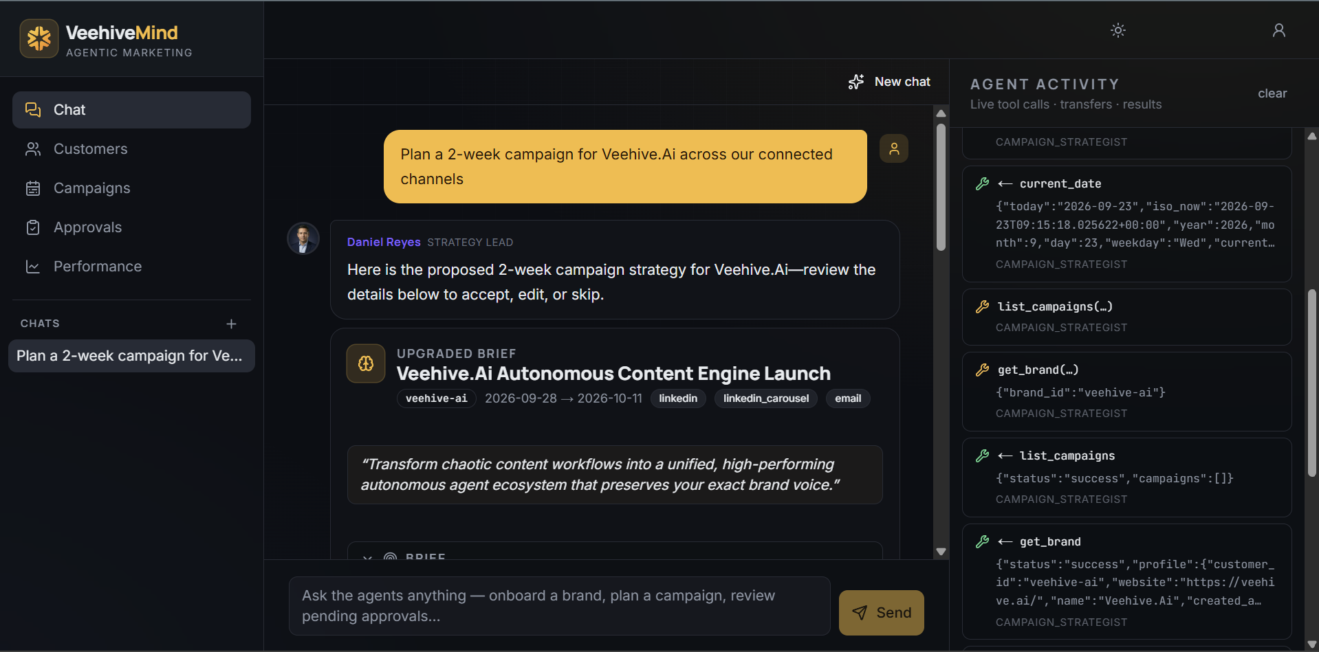 HiveMind chat planning a two-week campaign, with the live Agent Activity panel showing tool calls