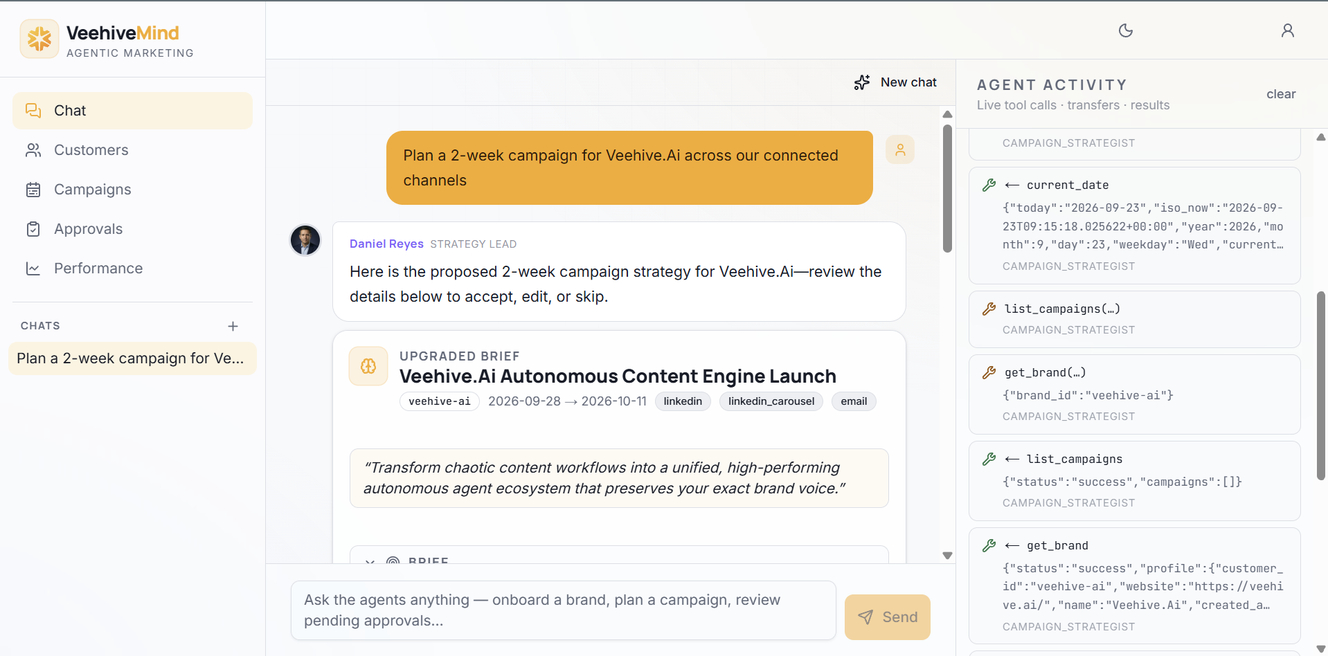 HiveMind chat planning a two-week campaign, with the live Agent Activity panel showing tool calls