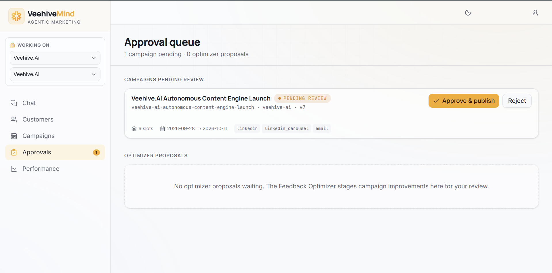 HiveMind approval queue with a campaign pending review and approve and publish controls
